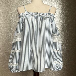 Aqua- Bloomingdale’s blue & white striped off shoulder cotton top, size small